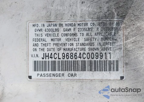 2004 Acura Tsx z USA, uszkodzony, nr VIN JH4CL96864C009911